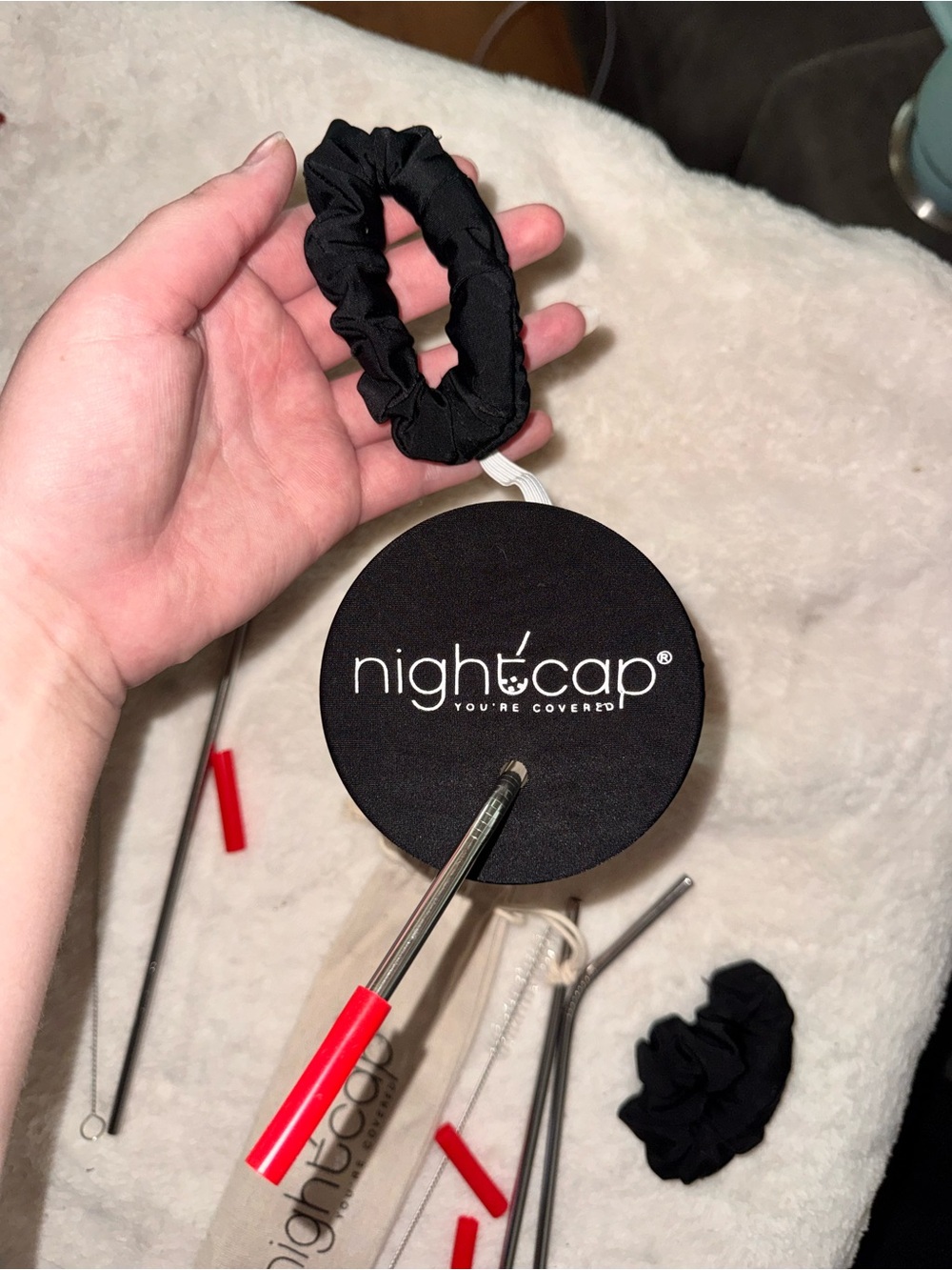 2 NightCap Drink Cover Scrunchie and Straw Sets